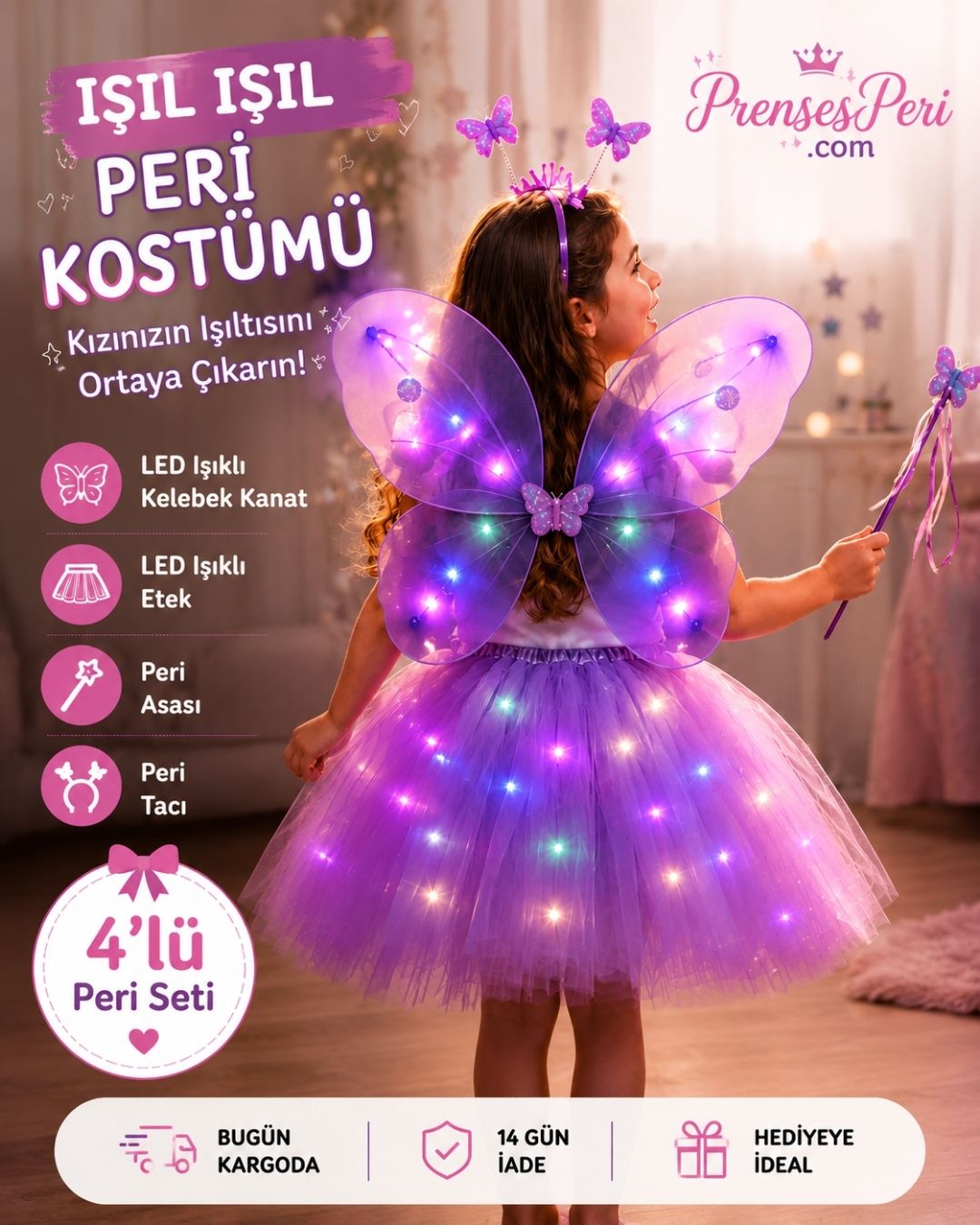 LED Işıklı Kelebek Kanatlı Peri Kostümü